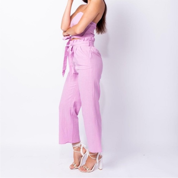 Pink Bow Linen Crop Top and Pants Co-Ord Set - Picture 3 of 5